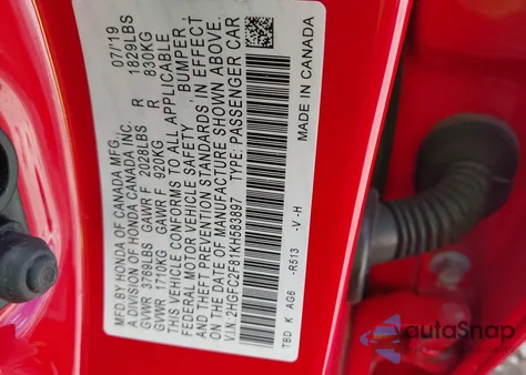 2019 Honda Civic Sport z USA, uszkodzony, nr VIN 2HGFC2F81KH583897